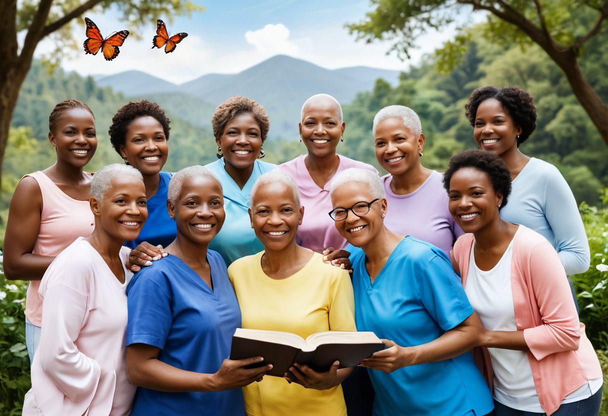A diverse group of cancer survivors embracing each other, exuding strength and hope, surrounded by a serene nature backdrop, symbols of resilience like ribbons and butterflies fluttering around them. Incorporate elements of support and resources such as books and wellness items subtly blended into the scenery. The atmosphere should radiate warmth and encouragement. vibrant colors. super-realistic.