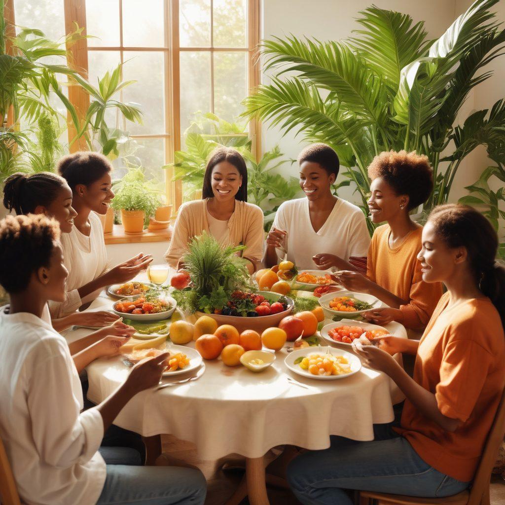 A harmonious scene depicting a diverse group of individuals sharing nutritious meals and engaging in a supportive group discussion, surrounded by vibrant plants symbolizing growth and healing. Soft sunlight filtering through, creating an inviting atmosphere. Include elements like fresh fruits, plates of healthy food, and open books about wellness. warm colors. illustration style.